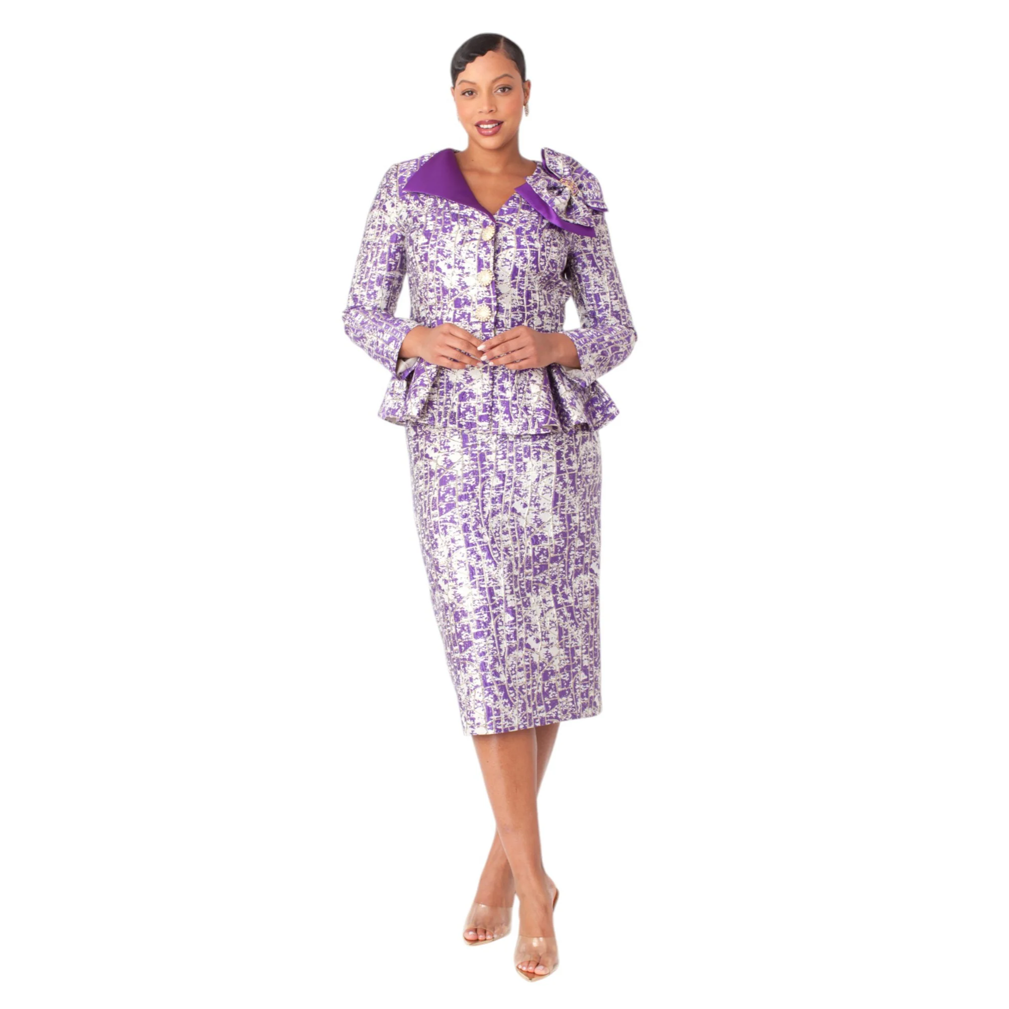 Two-Piece Abstract Brocade Peplum Suit with Bow Detail- 4891