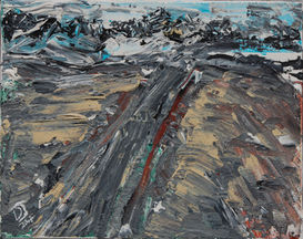 Rugged textured terrain, strong diagonal forms, blue sky, earth tones with red accent