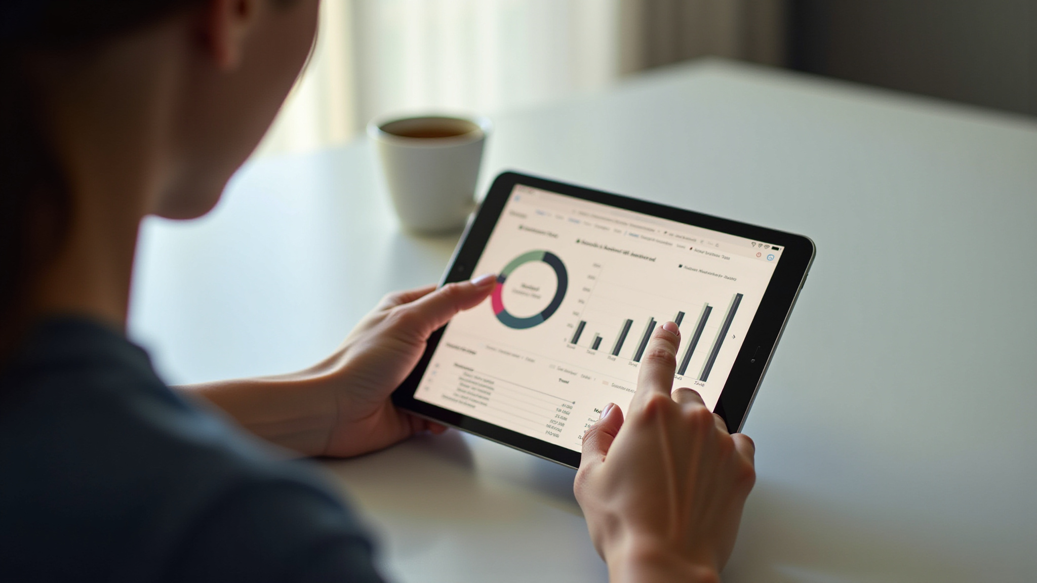Person using a tablet showing charts and graphs, consultation services.