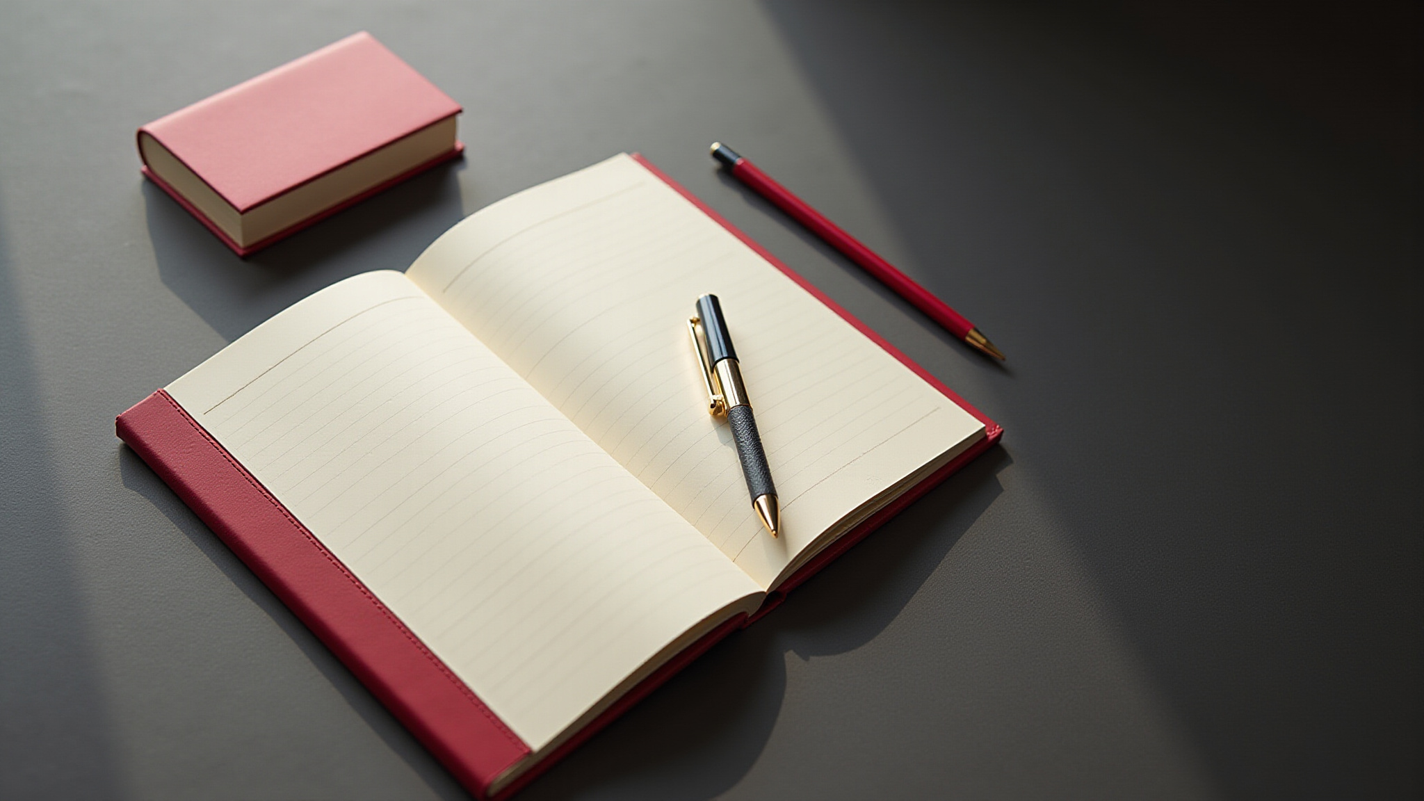Un cahier ouvert, stylo, crayon et un livre rouge sur fond sombre.