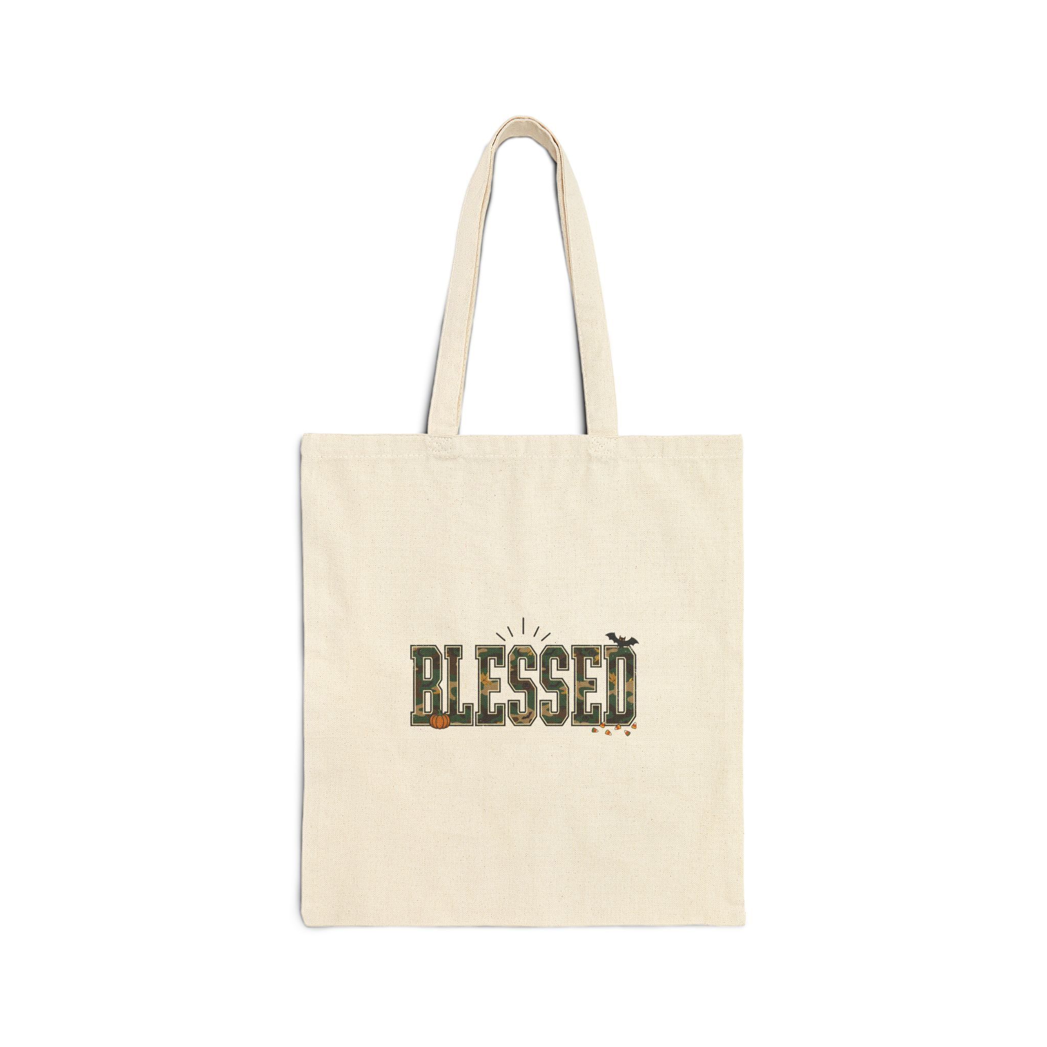 Blessed camo lettering Tote | camouflage text canvas tote