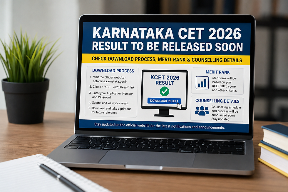 Laptop screen displaying Karnataka CET 2026 result announcement with download process, merit rank and counselling details on a study desk setup.