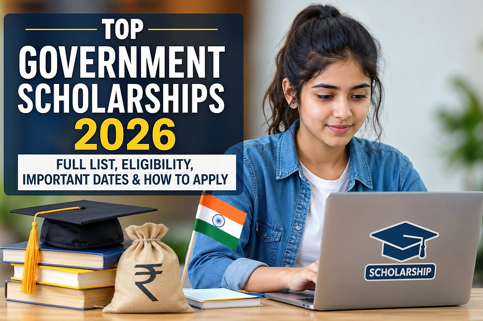A student using a laptop with a “Scholarship” sticker, sitting beside books, a graduation cap, a money bag with rupee symbol, and an Indian flag, alongside bold text reading “Top Government Scholarships 2026: Full List, Eligibility, Important Dates & How to Apply.”