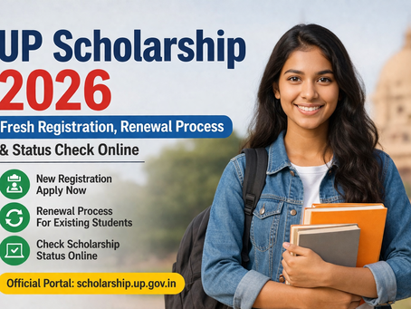 UP Scholarship 2026 application process showing fresh registration, renewal login, and online status check steps for students in Uttar Pradesh