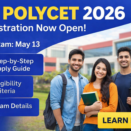 Promotional banner for TS POLYCET 2026 showing four students standing in front of a modern college campus, with bold text “TS POLYCET 2026 Registration Now Open,” exam date May 13, and sections highlighting application guide, eligibility criteria, and exam details, along with a “Learn More” button.