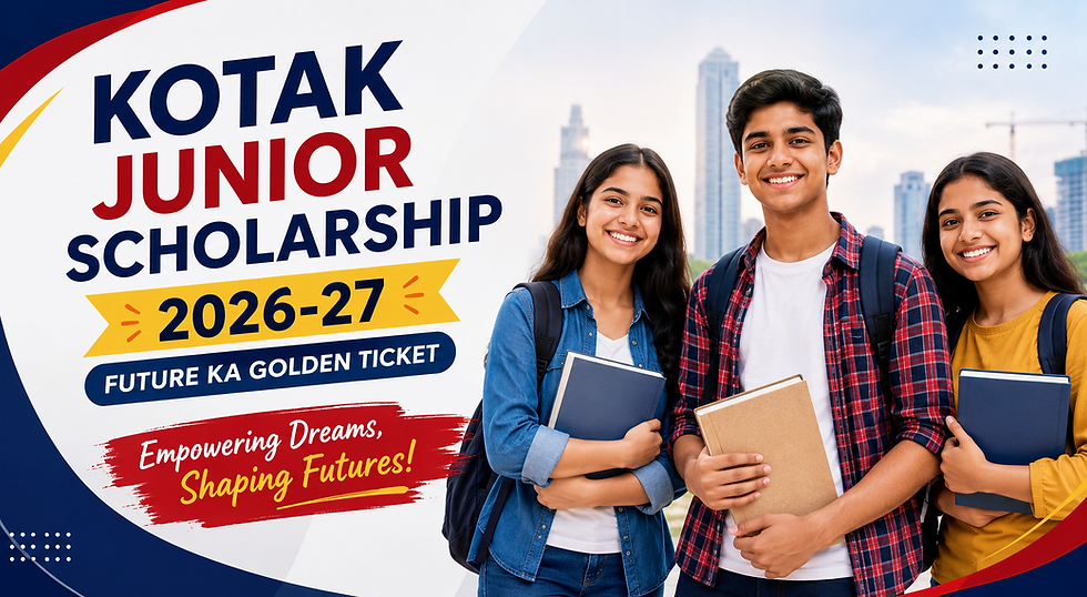 Students holding books and scholarship forms in a promotional banner for Kotak Junior Scholarship 2026-27 offering ₹73,500 financial aid to Mumbai students.