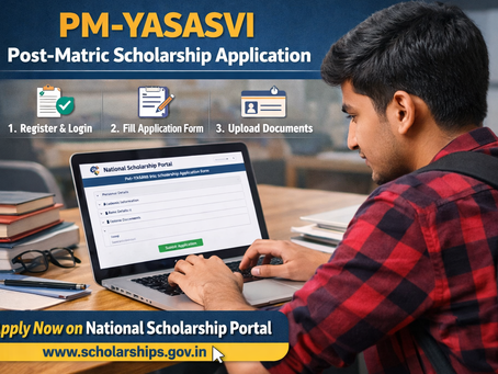 A young Indian student sits at a desk using a laptop to fill out the PM-YASASVI Post-Matric Scholarship application on the National Scholarship Portal. The screen shows an online form, with icons illustrating steps like registration, form filling, and document upload, along with a banner encouraging users to apply online.