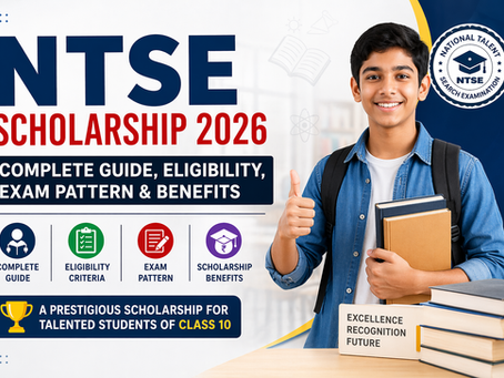 NTSE Scholarship 2026 cover image showing a smiling Class 10 student holding books with text highlighting eligibility, exam pattern, benefits, and complete guide for the National Talent Search Examination.