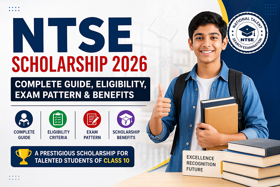 NTSE Scholarship 2026 cover image showing a smiling Class 10 student holding books with text highlighting eligibility, exam pattern, benefits, and complete guide for the National Talent Search Examination.