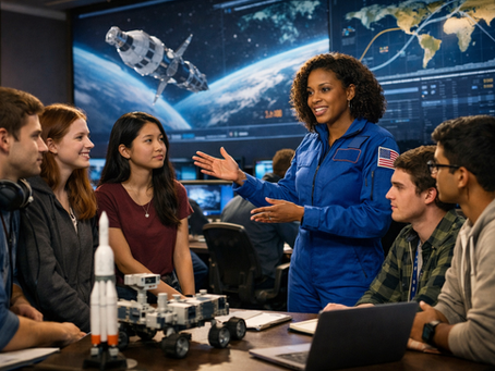 A diverse group of young interns gathered in a high-tech mission control room, listening to a female astronaut in a blue flight suit as she explains space mission visuals displayed on large digital screens in the background.