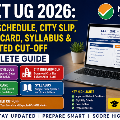 CUET UG 2026 banner showing exam schedule, city intimation slip, admit card details, syllabus, and expected cut-off with modern design layout.