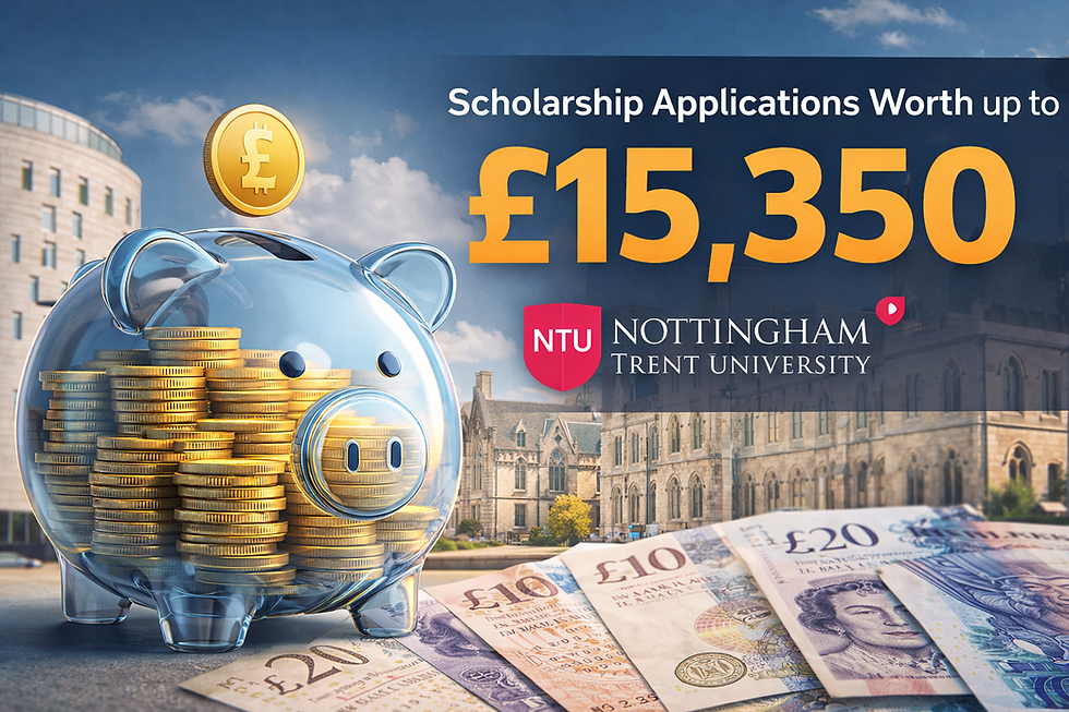 NTU scholarship up to £15,350 with UK currency and university campus background.