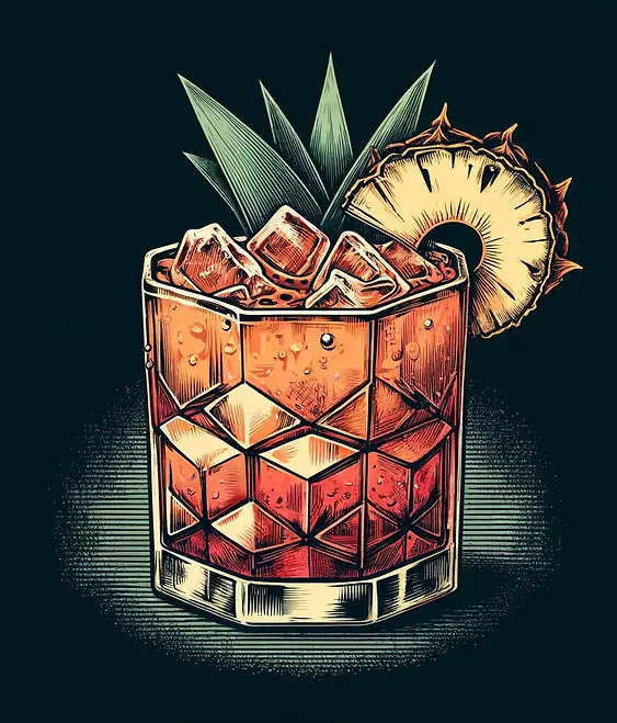 DALL·E 2024-05-25 23.35.00 - Vintage hand-drawn illustration in a tiki bar menu style. The