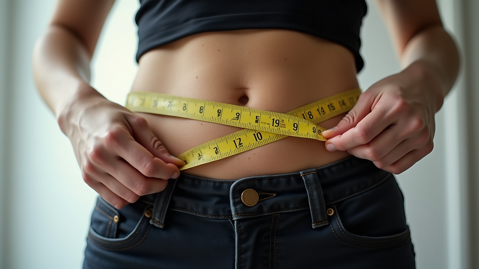 Eye-level view of a woman measuring her waist