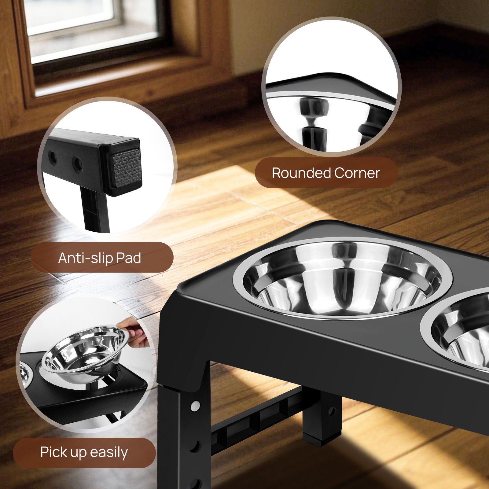Raised Dog Bowl Stand with 2 Stainless Steel Dog Food Water Bowls, 4 Height-Adju