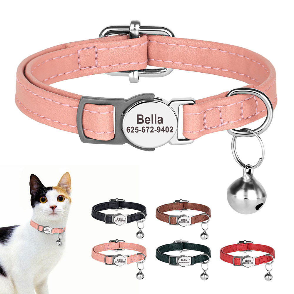 PU Leather Personalized Cat Collar Quick-Release Cats Collars Necklace Free Engr