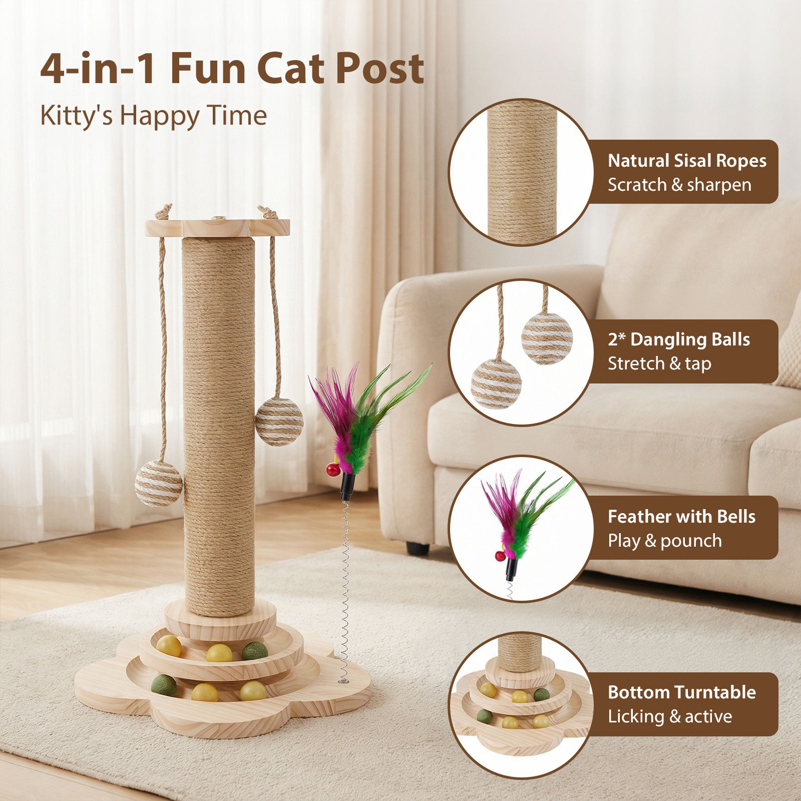 Cat Scratching Post, Cats Scratcher Wooden with Natural Sisal, Sturdy Cat Scratc