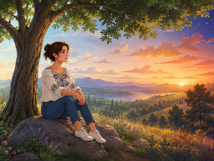 Illustrated banner for The Health Shift showing a woman sitting quietly on a large rock beneath a tree while the landscape transitions from sunrise to sunset and night around her, symbolising the natural rhythms of time and the importance of living in harmony with the body's biological clock. Thehealthshift.org appears in the bottom-right corner.