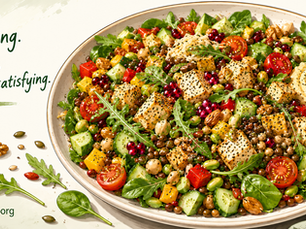 Illustrated bowl of mixed salad with leafy greens, cucumber, cherry tomatoes, peppers, legumes, nuts, seeds, pomegranate, marinated tofu and hummus.