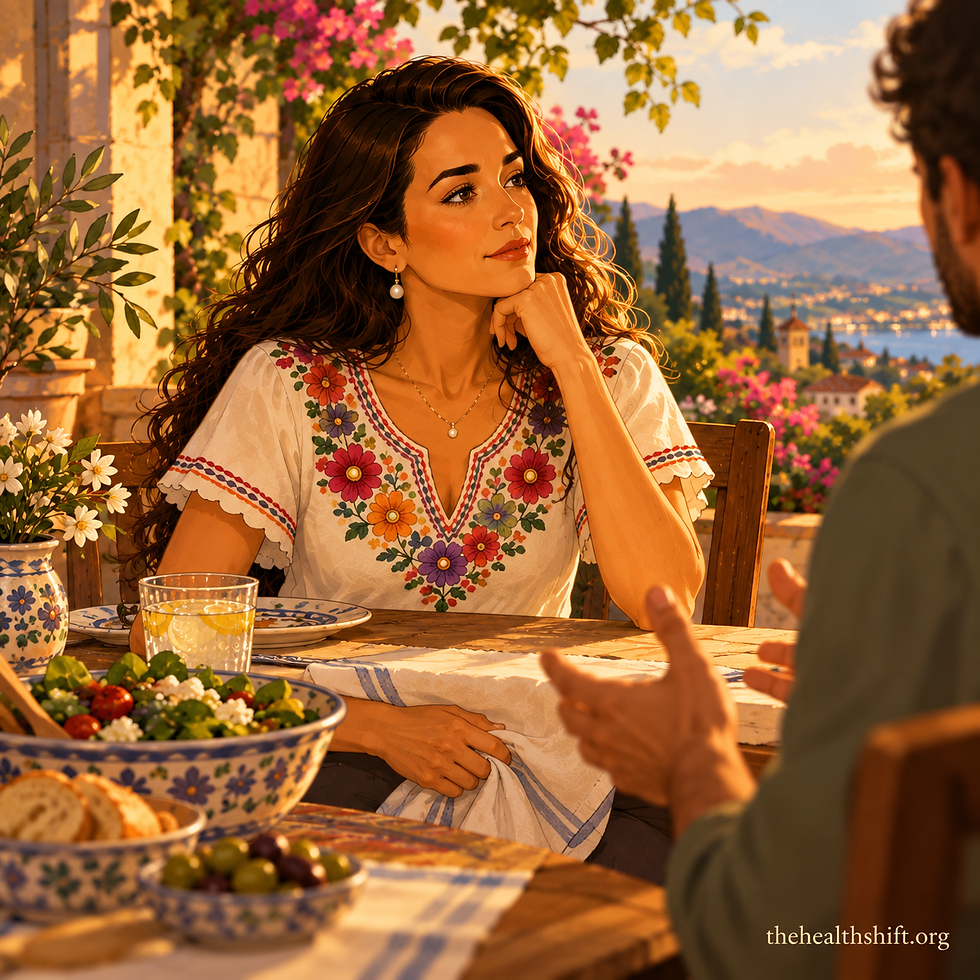 Een vrouw blijft tijdens een gesprek uiterlijk rustig terwijl ze onder tafel een servet vastgrijpt; de spanning die ze niet uit, is toch zichtbaar.