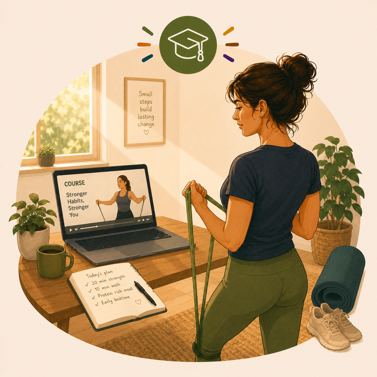 woman taking a health shift course and following the online instructions