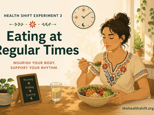 Illustrated banner for Health Shift Experiment 3 showing a woman wearing a traditional Mexican embroidered blouse enjoying a healthy meal at a bright kitchen table. A clock and simple meal-time reminders emphasize the importance of eating at regular times to support the body's natural daily rhythm. The title "Eating at Regular Times" appears alongside the branding thehealthshift.org.
