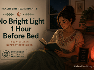 Illustrated banner for Health Shift Experiment 4 showing a woman in a traditional Mexican embroidered blouse reading a book in bed under warm, dim red evening light. A red bedside lamp and darkened room create a calm bedtime atmosphere, illustrating the habit of avoiding bright light during the hour before sleep. The title "No Bright Light 1 Hour Before Bed" appears alongside the branding thehealthshift.org.