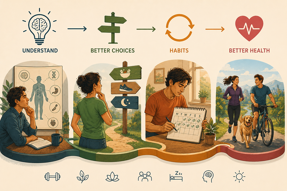 Infographic showing how evidence-based health knowledge leads to better lifestyle choices, lasting habits and better health