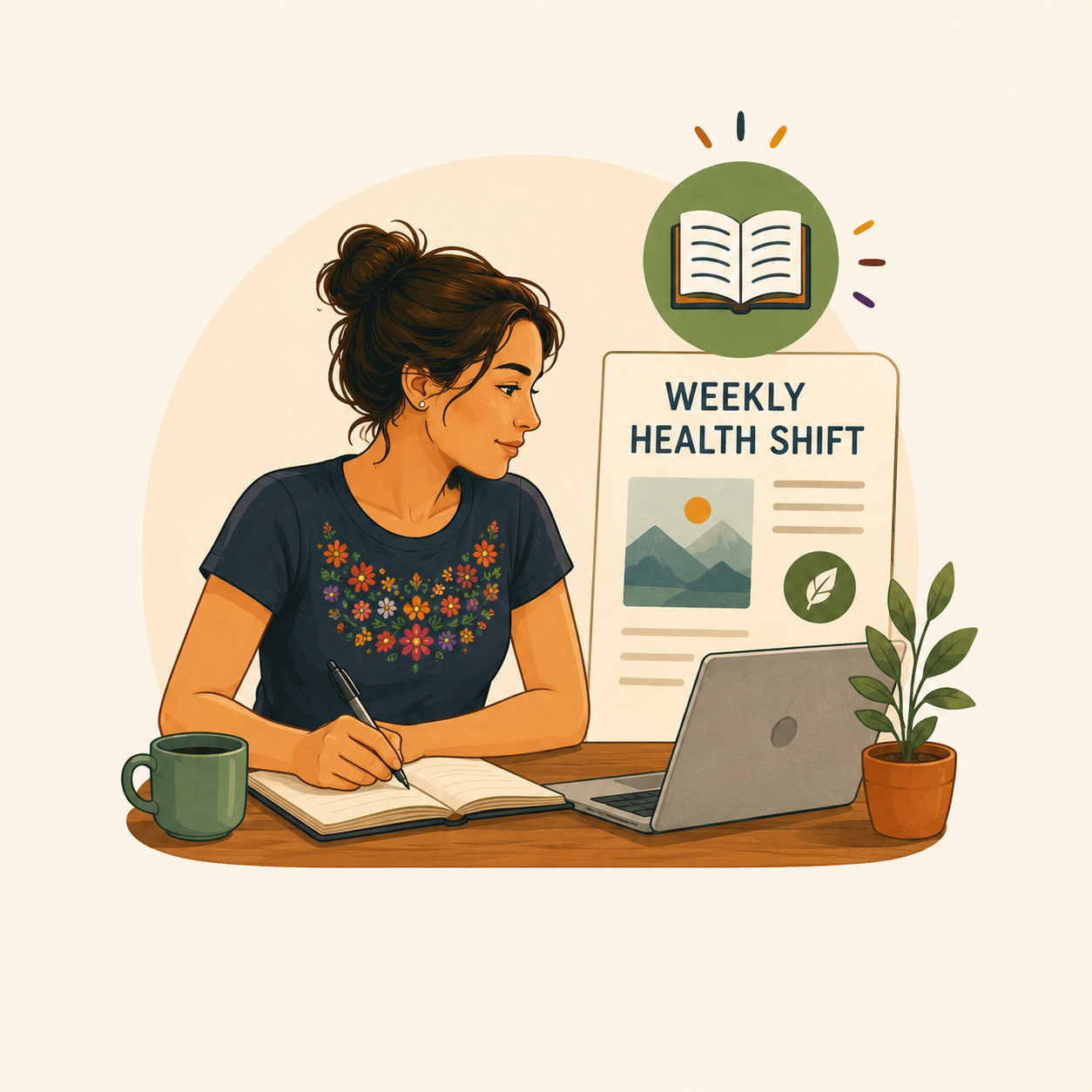 woman taking notes while reading the weekly health shift blog on her lapto