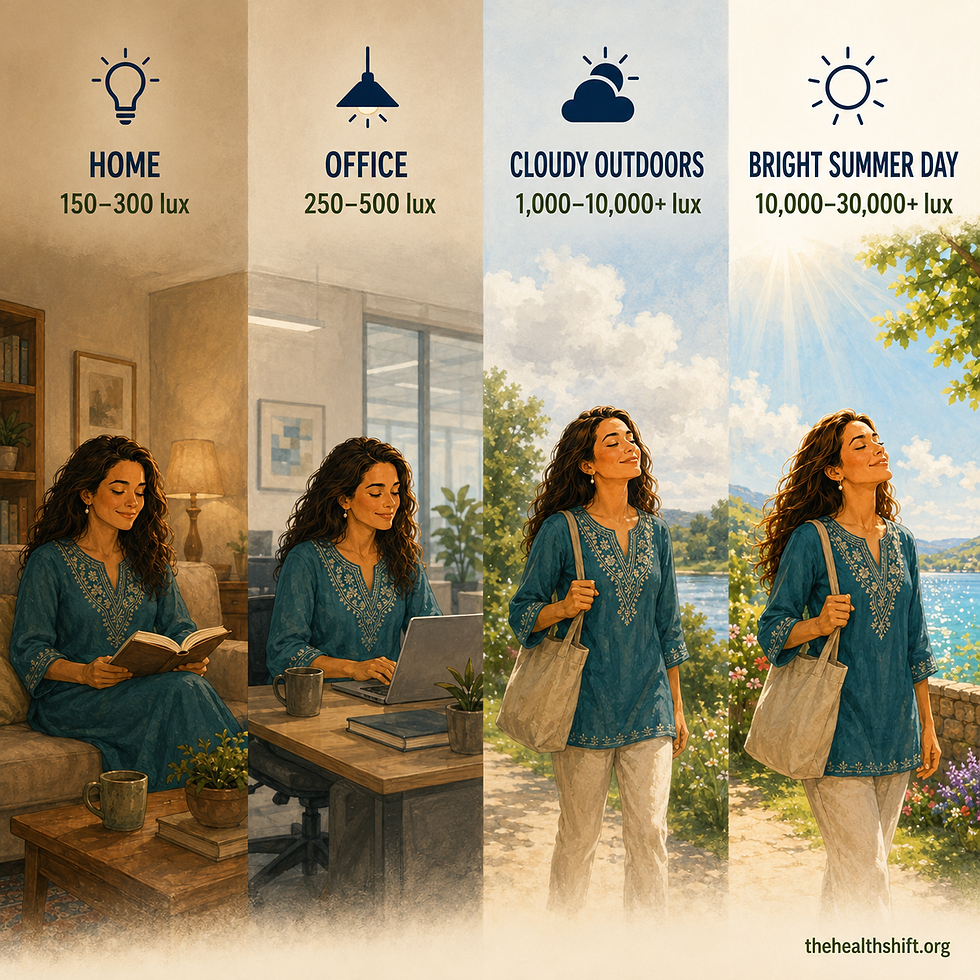 Comparison of typical light levels at home, in an office, under cloudy skies and on a bright summer day, ranging from 150 to over 30,000 lux.