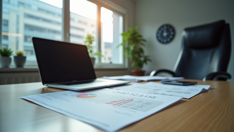 Wide angle view of a modern office desk with a laptop and financial documents