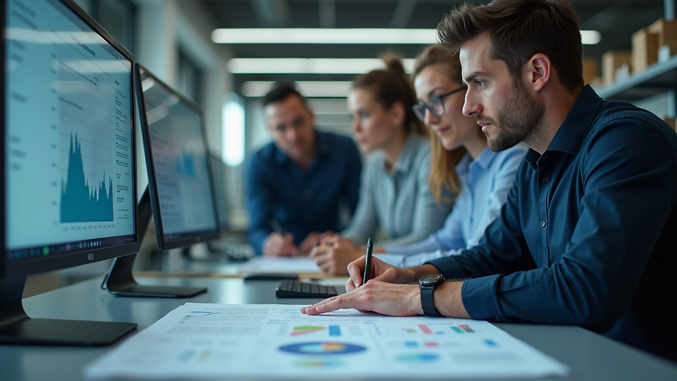 Eye-level view of a team collaborating on a data-informed workflow design