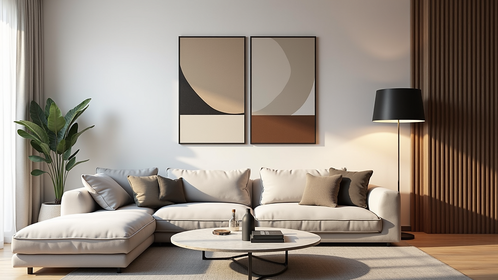 Eye-level view of a modern living room with geometric wall art panels