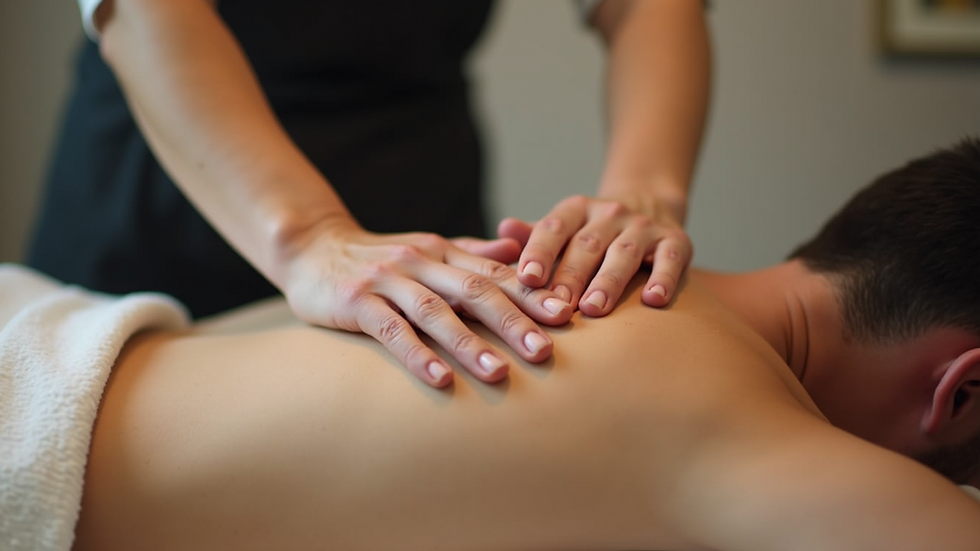 Close-up view of a therapist's hands performing a massage on a client's back