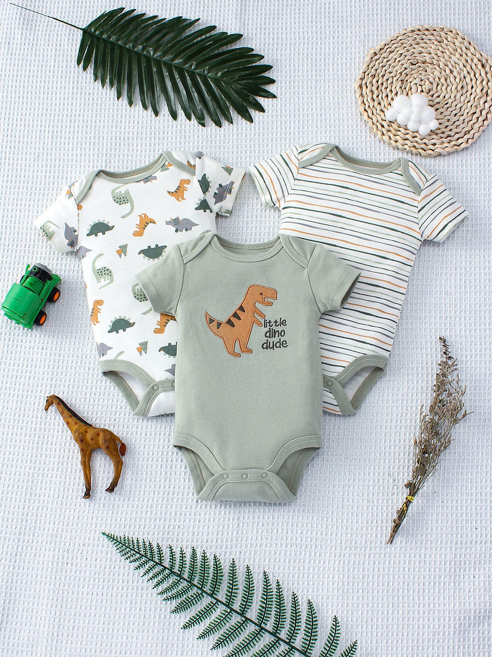 Thumbnail: 3PCS Summer Baby Bodysuit Three piece Set with Cartoon Dinosaur Pattern and Stri