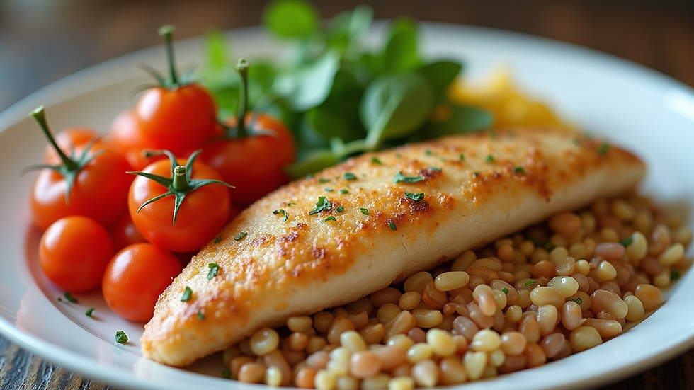 Eye-level view of a colorful plate with balanced portions of vegetables, grains, and protein