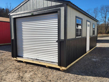 12x24 garage shed in Newville, PA with two-tone gray siding and black trim.