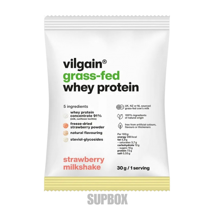 Vilgain Grass-Fed Whey Protein Strawberry Milkshake 30g single-serve sachet, included in Supbox selection boxes
