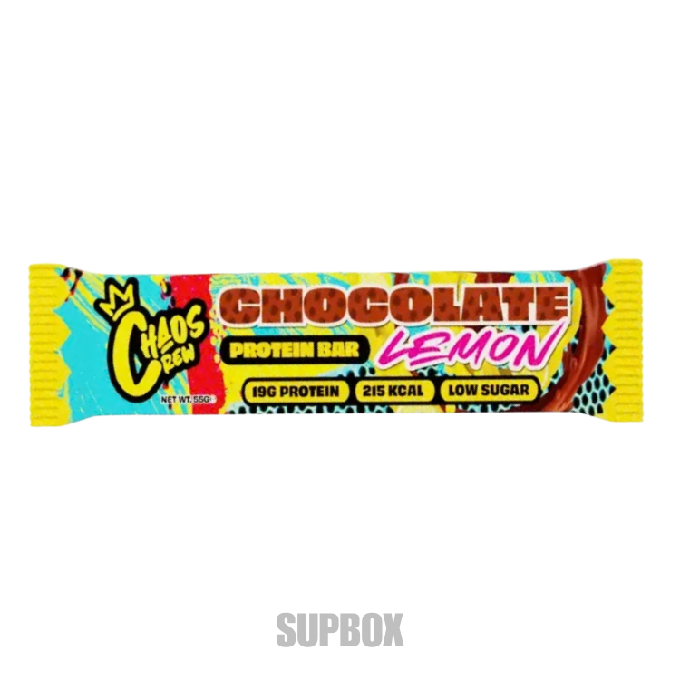 Chaos Crew Protein Bar Chocolate Lemon 55g protein bar in colourful wrapper, included in Supbox selection boxes