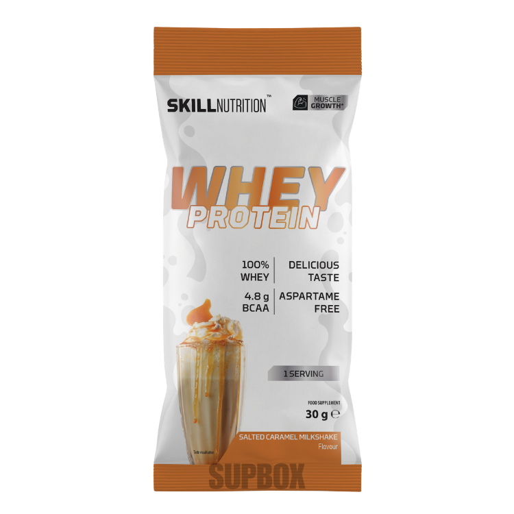Skill Nutrition Whey Protein 30g salted caramel Milkshake flavour sachet.