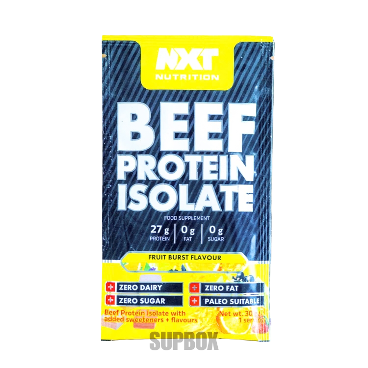 NXT Nutrition Beef Protein Isolate 30g Fruit Burst 30g beef protein sachet, included in Supbox selection boxes