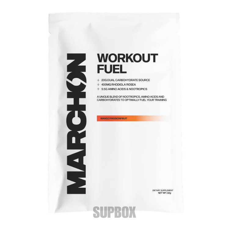 Macron Elements Workout Fuel 32g mango passionfruit pre-workout powder sachet in Supbox selection boxes