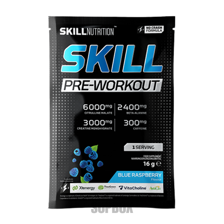 Skill Nutrition Pre-Workout 16g Blue raspberry flavour sachet.