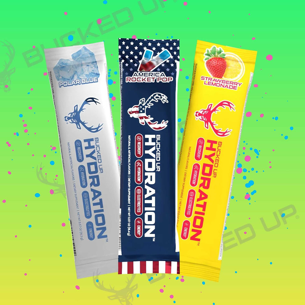 Bucked Up hydration sachets in multiple flavours including Polar Blue, America Rocket Pop, and Strawberry Lemonade displayed against a bright background.