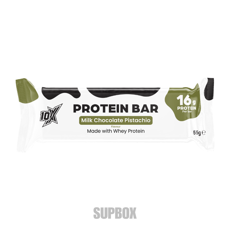 10X  milk chocolate pistachio high protein dessert-inspired protein bars available at Supbox