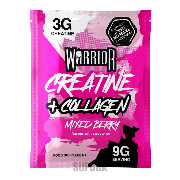 Warrior Creatine and Collagen Mixed Berry 9g sachet with 3g creatine and 5g collagen in Supbox selection boxes.