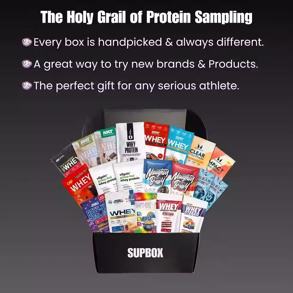Thumbnail: Supbox protein powder sample box with 20 whey, clear whey and vegan protein sachets from multiple brands