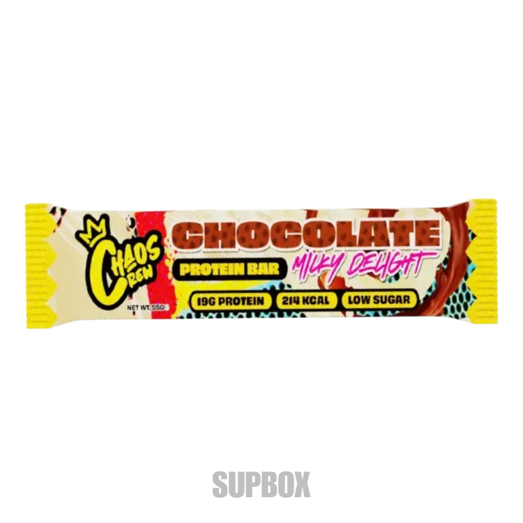 Chaos Crew Protein Bar Chocolate Milky Delight 55g protein bar in colourful wrapper, included in Supbox selection boxes