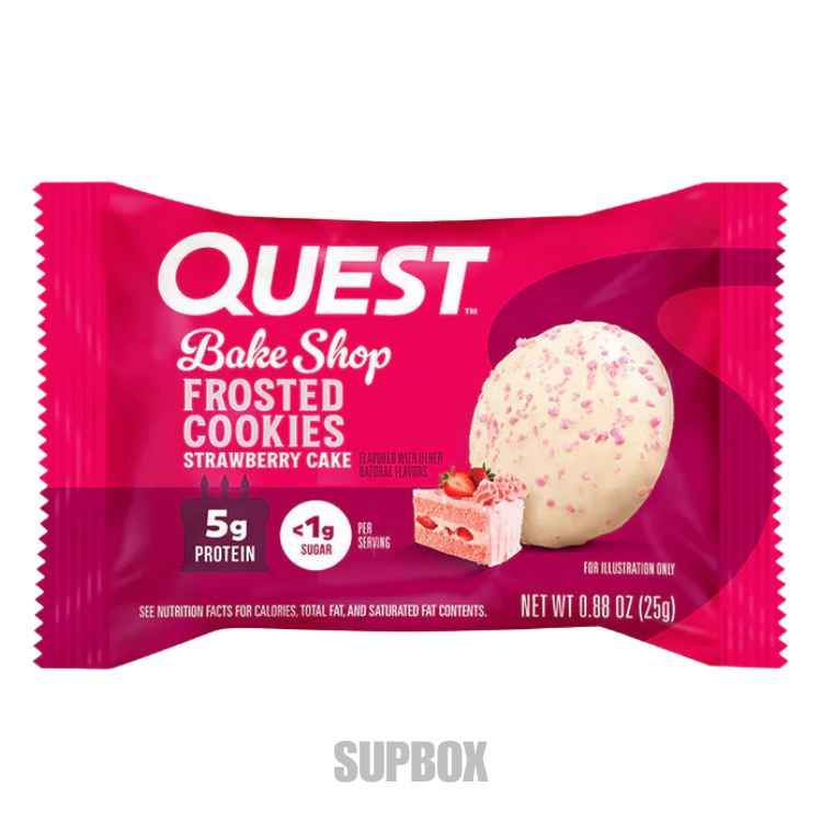 Quest Bake Shop Frosted Cookies 25g strawberry cake protein cookie available in Supbox selection boxes with 5g protein.