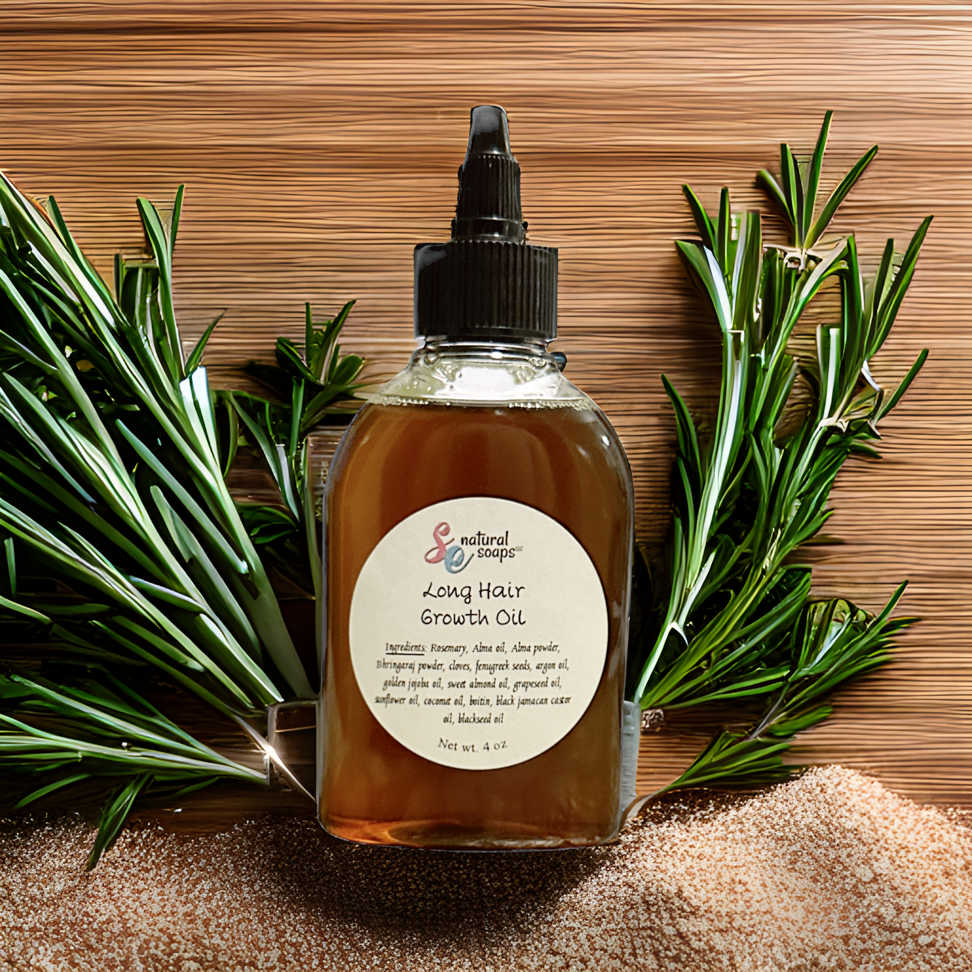 brown in color hair growth oil made by S&E Natural Soaps